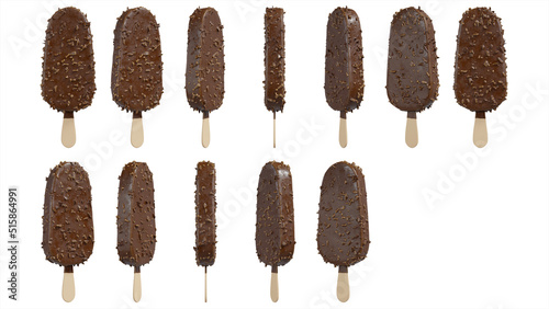 set of vanilla ice cream stick bar covered with chocolate and crunchy almonds isolated on white background .3D Render Illustration
