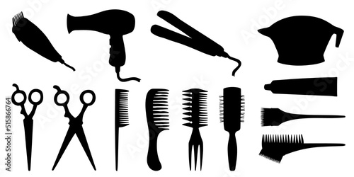 Hairdressing tools set, black silhouette isolated on white. Barber comb, brush, scissors, bowl for hair dyeing, dryer, straightener and clipper. Hand drawn icon for beauty salon or barbershop concept.