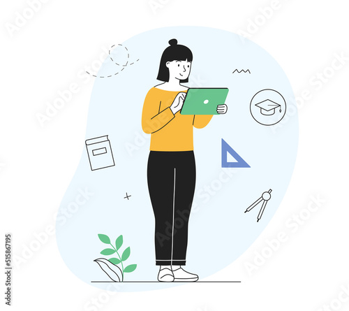 Distance education concept. Female student holding digital tablet and listening to online lecture. Learning and study. Character gains knowledge. Cartoon flat vector illustration in doodle style