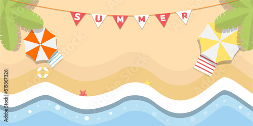Vector concept Top views beautiful beach background with flags tropical beach Palm leaves umbrellas, balls sunbed
life Buoy starfish, and sea. Top view of summer beach vector style. Top view of the s
