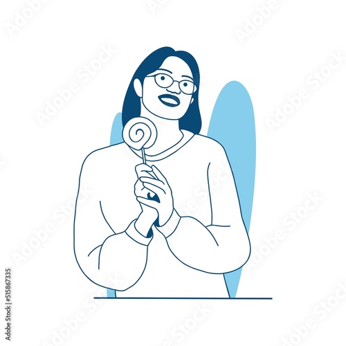 flat style vector illustration beautiful girl eat candy and sweets