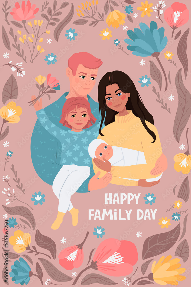 Happy family day card. Family with children hugging. Flat vector illustration.