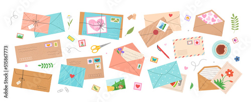 Set of different envelopes. Beautiful craft postcards with postage stamps, mail, letters and stationery. Design elements for social network. Cartoon flat vector collection isolated on white background