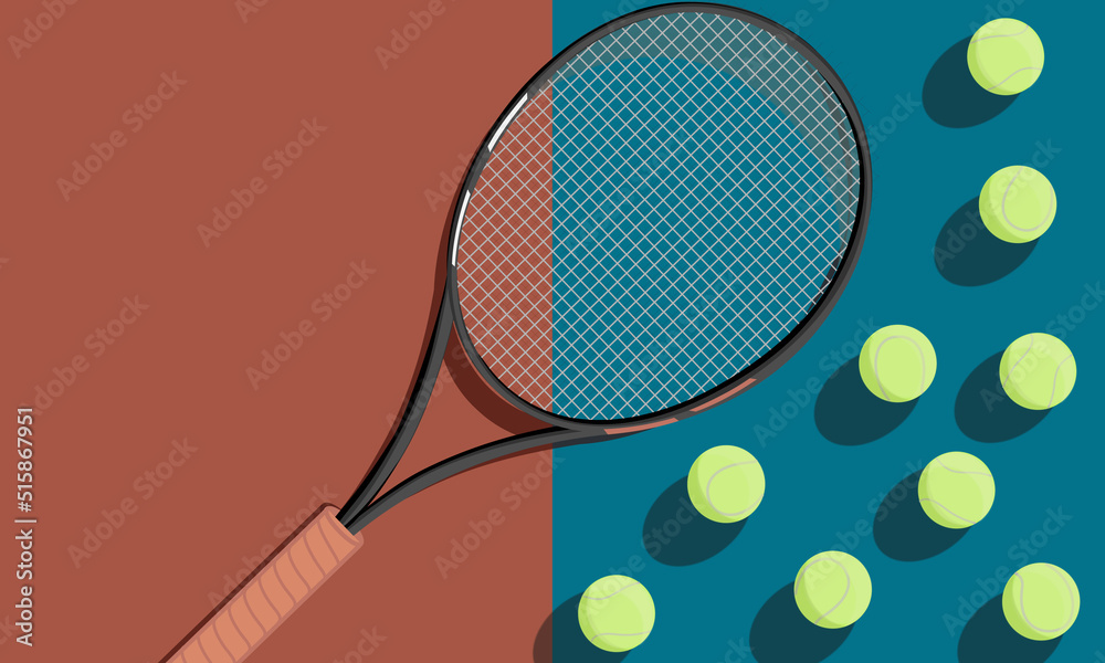 Horizontal Tennis Championship, Tournament, School, Education Poster. Indoor, red and blue colors, outdoor Court. Balls and racket with shadow. Close up. Flat Minimalistic Retro style. Place for text.