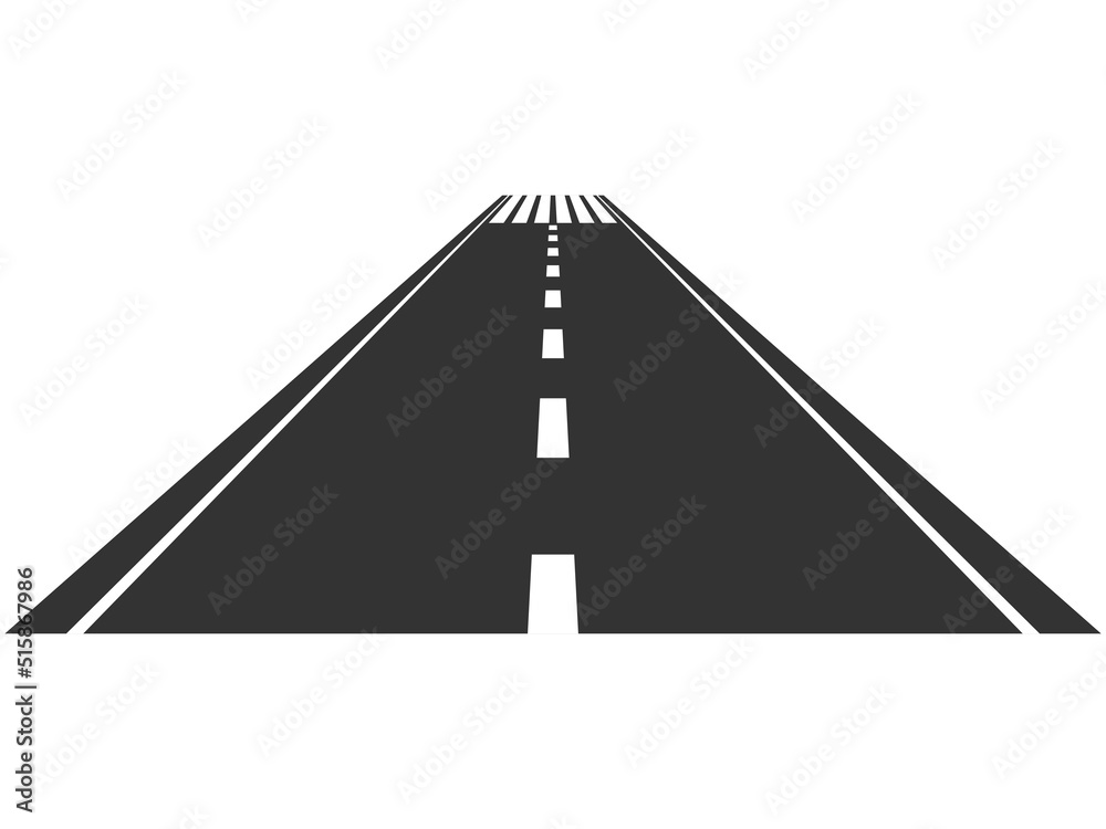 Straight asphalt road. Roadway trip symbol. Perspective highway traffic with vertical lines. Vector isolated on white. Straight asphalt road. Roadway trip symbol. Perspective highway traffic with vertical lines. Vector isolated on white.