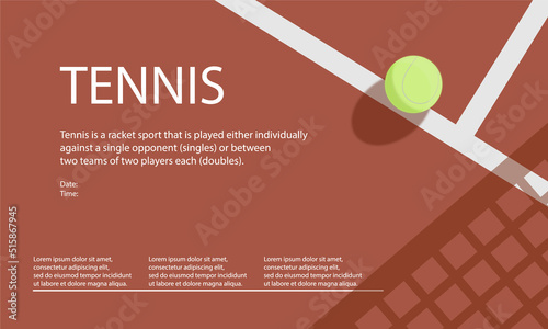 Horizontal Tennis Championship, Tournament, School, Education Poster. Indoor, red, outdoor Court. Ball on the Line with shadow. Close up. Flat Minimalistic Retro style - made in Vector