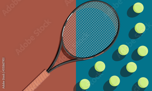 Horizontal Tennis Championship, Tournament, School, Education Poster. Indoor, red and blue colors, outdoor Court. Balls and racket with shadow. Close up. Flat Minimalistic Retro style. Place for text. © I_love_life