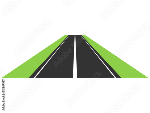 Straight asphalt road. Roadway trip symbol. Perspective highway traffic with vertical lines. Vector isolated on white.