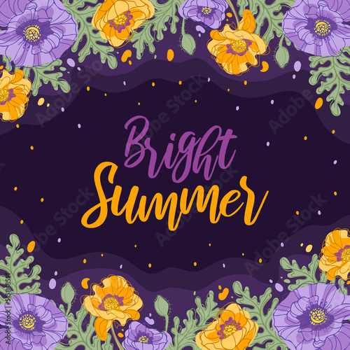 Bright summer, square banner. Delicate buds of flowering poppies. In yellow-violet tones on a dark contrasting background. Botanical illustration for background, cards, website, posters, flyers.