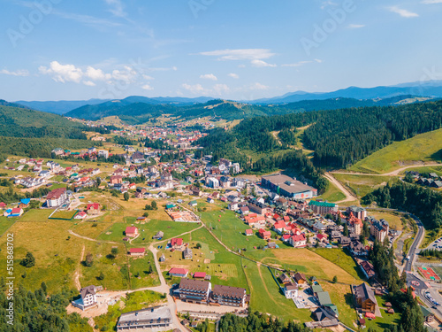 aerial view of summer bukovel in ukrainian carpathian mountains