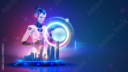Beautiful Robot woman standing at the interactive table with hologram of smart city. Cyborg work with virtual abstract spherical interface. AI or artificial intelligence controls systems of smart city