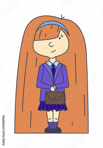 Cute funny school girl character sticker. Vector illustration