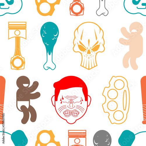 Multi pattern seamless. Piston and mammoth background. Skull and brass knuckles texture. Fashionable youth ornament