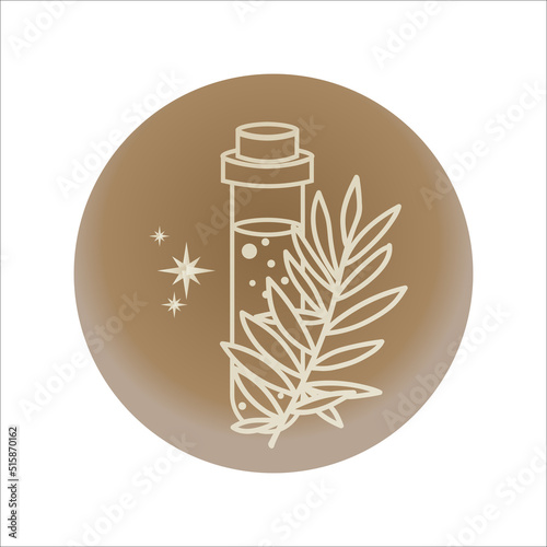 Bottle with elixir or highlights potion for social media. Line drawing with botanical leaf esoteric, magical, mystical