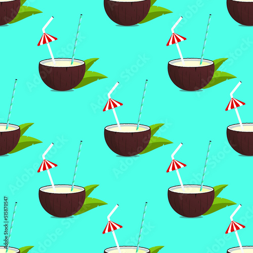 coconut milk seamless pattern background with cocktail glasses and blue hawaii background, CMYK color EPS flie.