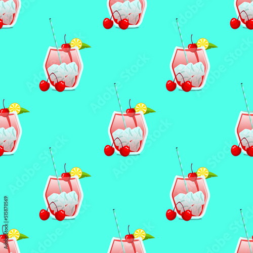 Red cherry cocktail seamless pattern background with cocktail glasses and blue hawaii background, CMYK color EPS flie.