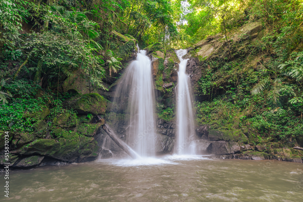 Beautiful waterfall scenic flow from the top into the bottom in the green forest.