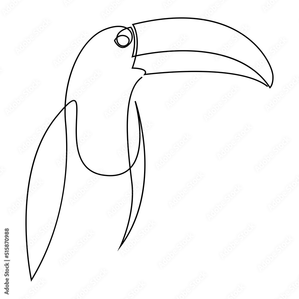 Obraz premium Single continuous line drawing of adorable toucan bird with big beak for logo identity. Endangered animal mascot concept for national zoo icon. Trendy one line draw graphic design vector illustration.