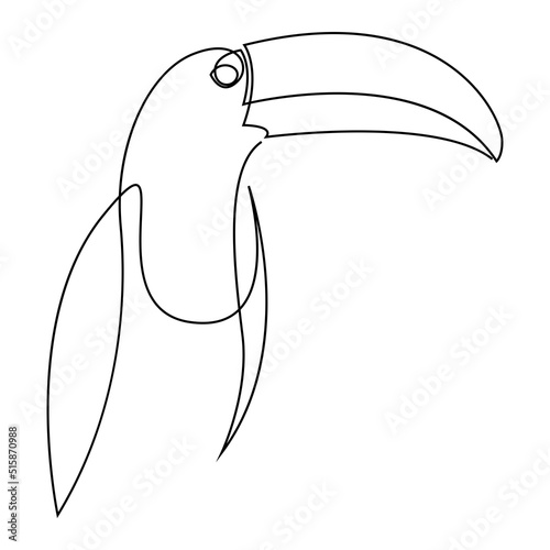 Single continuous line drawing of adorable toucan bird with big beak for logo identity. Endangered animal mascot concept for national zoo icon. Trendy one line draw graphic design vector illustration.