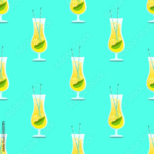 Lemon cocktail seamless pattern background with cocktail glasses and blue hawaii background, CMYK color EPS flie.