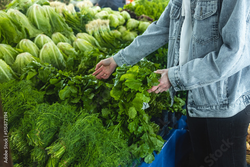 Buying fresh organic produce at the farmers' market. A woman chooses fresh herbs, vegetables and fruits at a food fair.