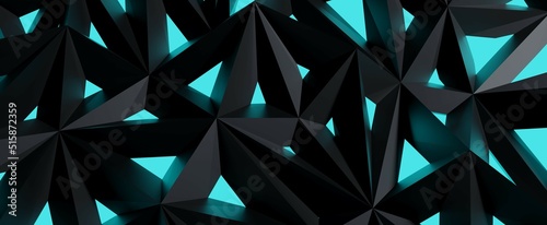 Black crystal lattice with blue glow background. Abstract polygonal graphite structure with 3d render geometric triangular illumination. Futuristic nanodesign of tight junctions