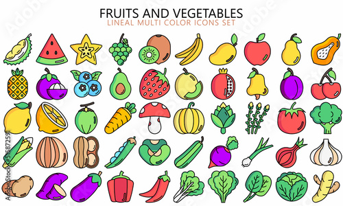 Set of flat fruits and vegetables icons, Contains such broccoli, peas, carrot, lime, melon and more. Used for modern concepts, web, UI, UX kit and applications. vector EPS 10 ready to convert to SVG.