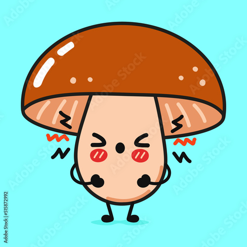 Cute angry mushroom character. Vector hand drawn cartoon kawaii character illustration icon. Isolated on blue background. Sad mushroom character concept