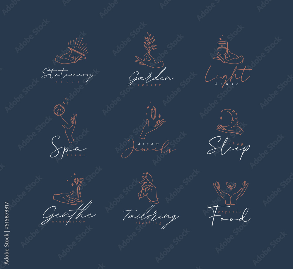 Hand symbol templates pen, branch, candle, dandelion, crystal, moon, scissors, needle, leaf in modern line style drawing on blue background