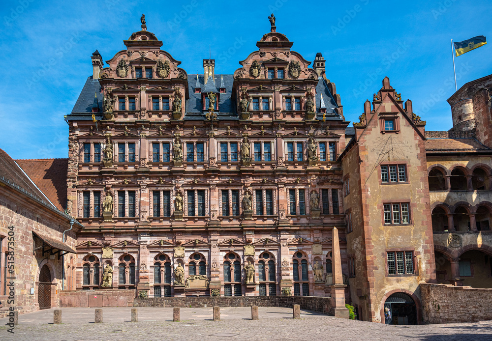 View of the Friedrich‘s building (German Renaissance) of Heidelberg Castle from the patio. Baden Wuerttemberg, Germany, Europe