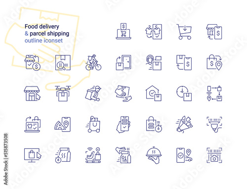 Food delivery & parcel shipping outline iconset