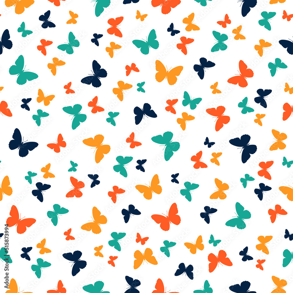White seamless pattern with colorful butterflies White seamless pattern with colorful butterflies