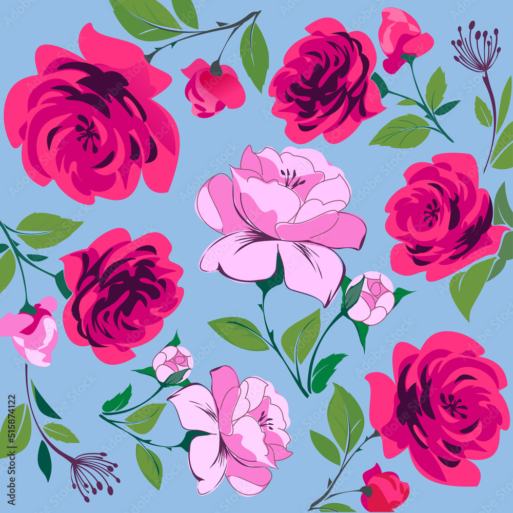 Seamless pattern with roses. Red roses on blue background. Tapestry, decoration, fabric, pattern vector illustration.