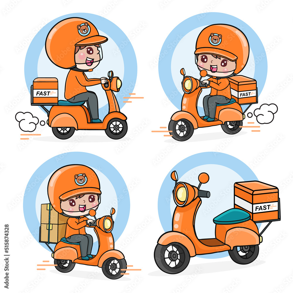 set cartoon character delivery man ride motorcycle, shipping fast express flat illustration vector design