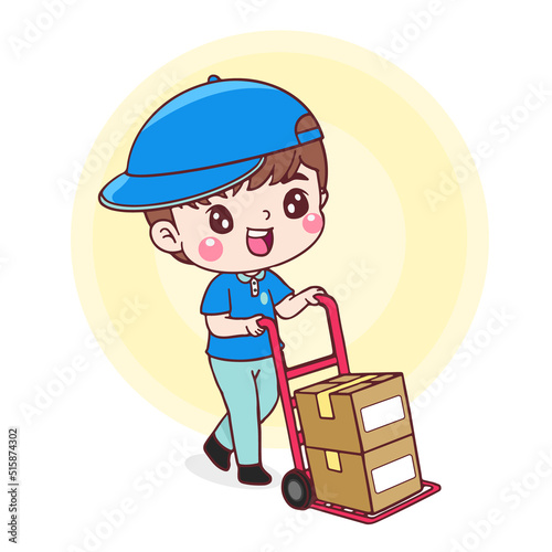 Cartoon character delivery man. courier in uniform cardboard boxes on hand truck. Flat illustration isolated vector design