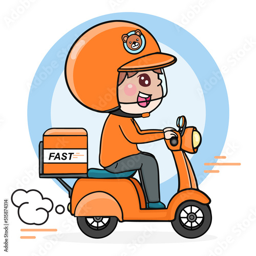 cartoon character delivery man ride motorcycle, shipping fast express flat illustration 