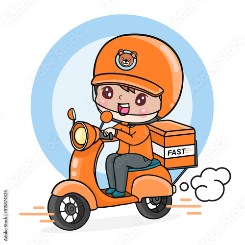 cartoon character delivery man ride motorcycle, shipping fast express flat illustration 