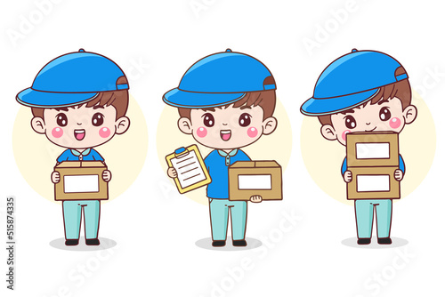 Set cartoon character delivery man. courier in uniform holding cardboard boxes . Flat illustration vector design