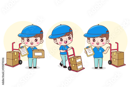 Cartoon character delivery man. courier in uniform holding report paper with cardboard boxes on hand truck. Flat illustration isolated vector design