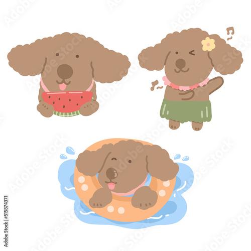 set of dog cartoon character, playing water, dancing and eating watermelon
