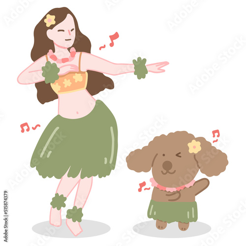 woman islander dancing with dog cartoon character vector design
