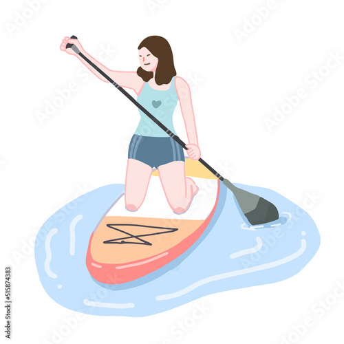 woman playing paddle board at the sea illustration vector