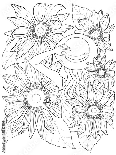 Girl in the sunflowers outline digital illustration