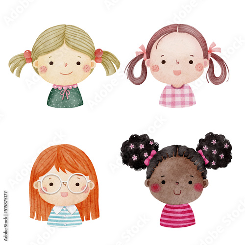 Set of watercolor little girl faces, avatars, kid heads different nationality in flat style. Set 2.