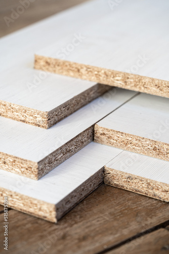 White melamine stack in kitchen furniture factory