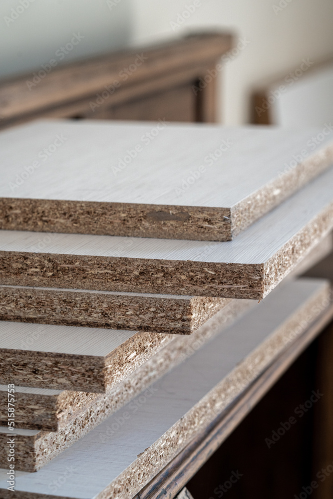 White melamine stack in kitchen furniture factory White melamine stack in kitchen furniture factory