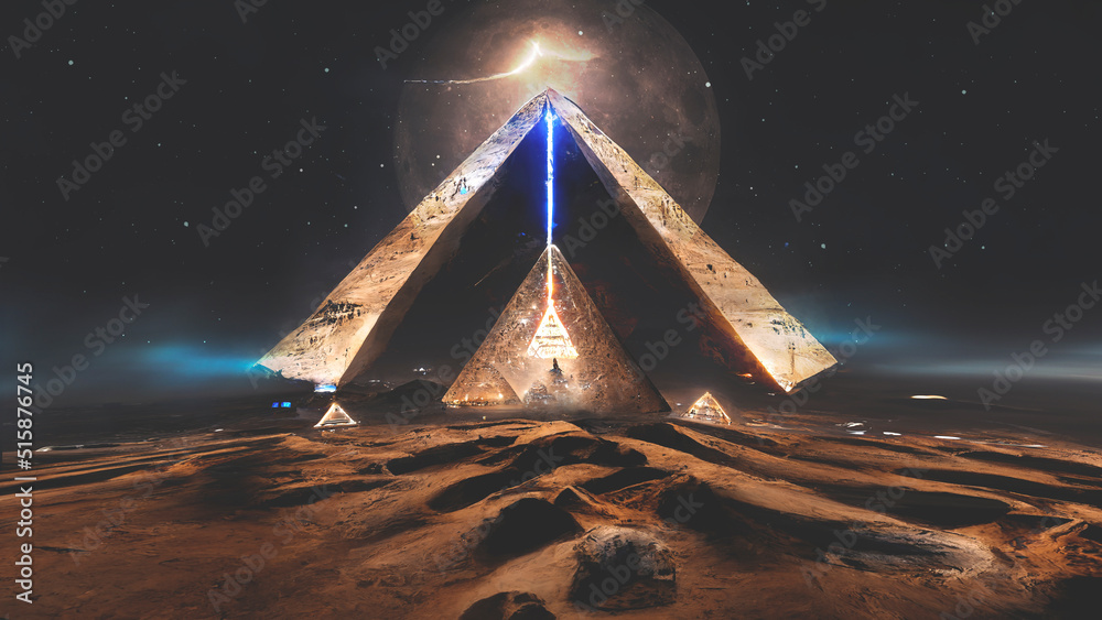 Night fantasy futuristic desert landscape with Egyptian pyramids. Night