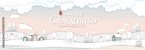 Merry Christmas and happy New Year 2023 background.Greeting card paper cut with pink sky and cloud,Vector paper art or digital craft style banner Cute Winter urban countryside landscape in village