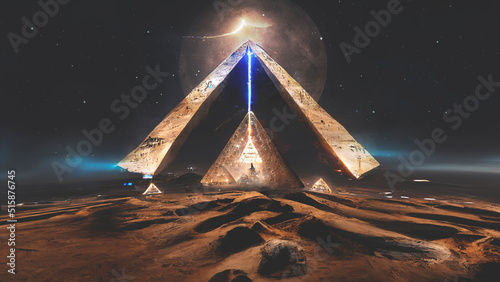 Photo Night fantasy futuristic desert landscape with Egyptian pyramids