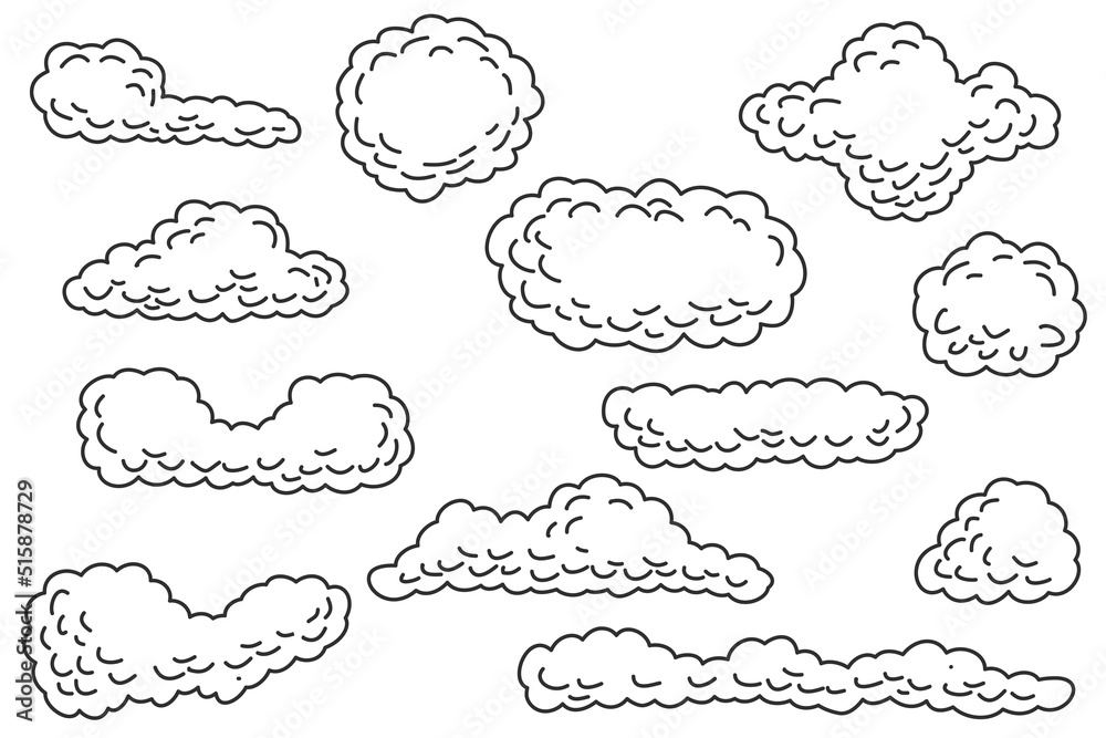 Set of hand drawn doodle clouds different form isolated on white
